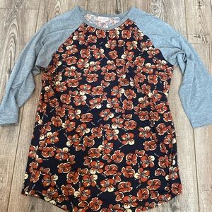 Lularoe Medium Randy Gray 3/4 Sleeve Navy Dark Orange Red Flower Pattern